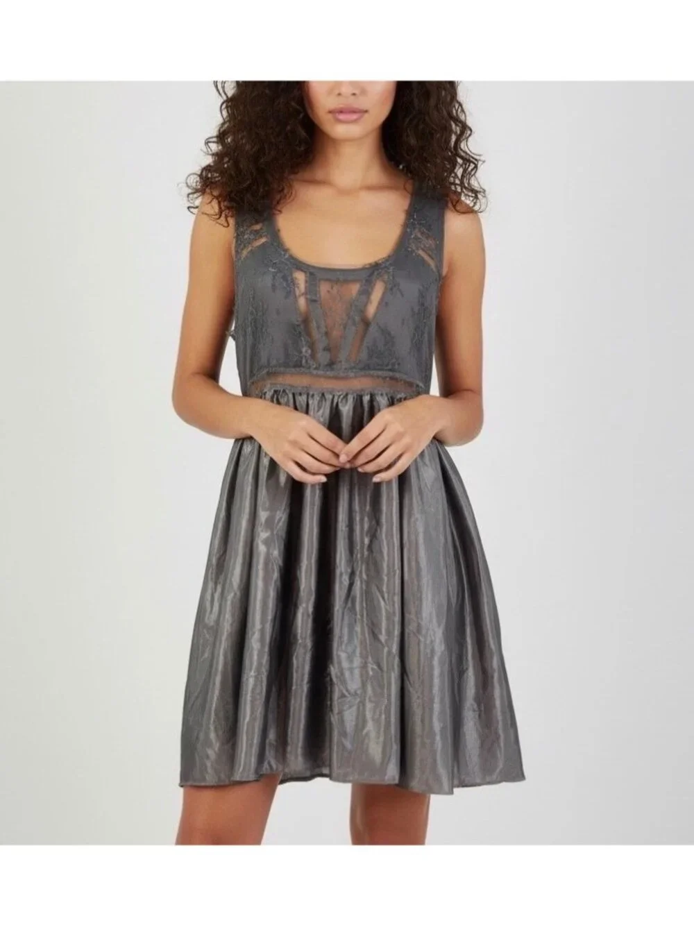NWOT Free People Gray Satin Lace Dress| Whimsigoth Grunge Fairycore Indie Sleaze